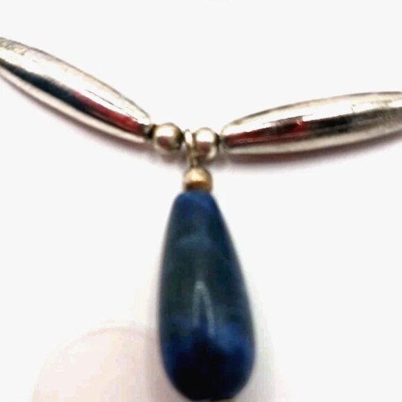 Vintage 17" Liquid Silver Double Layer Necklace Blue Stone - Picture 9 of 10